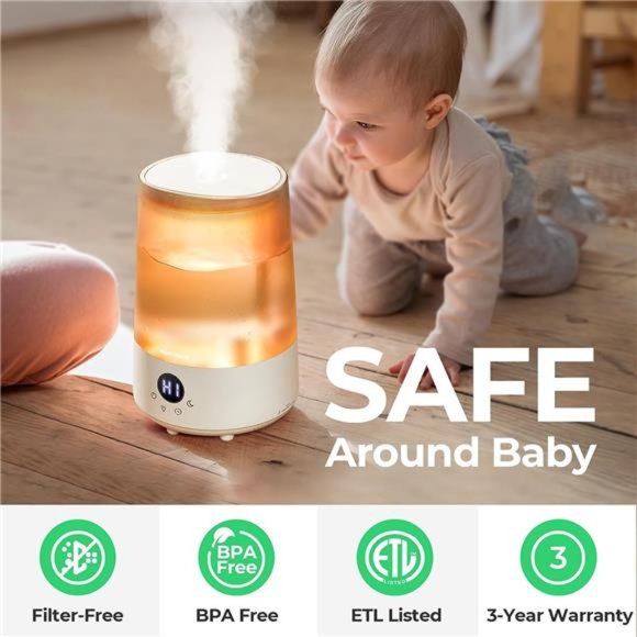 Small Humidifiers for Baby Bedroom Home, Cool Mist Top-Fill 3L 32H, Quiet 23dB - Picture 4 of 7